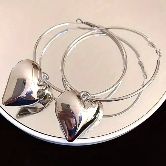 Heart Earrings Puffy Hoop Dangle Love Charm Silver Large Stylish Trendy Glam Fun - Picture 2 of 3